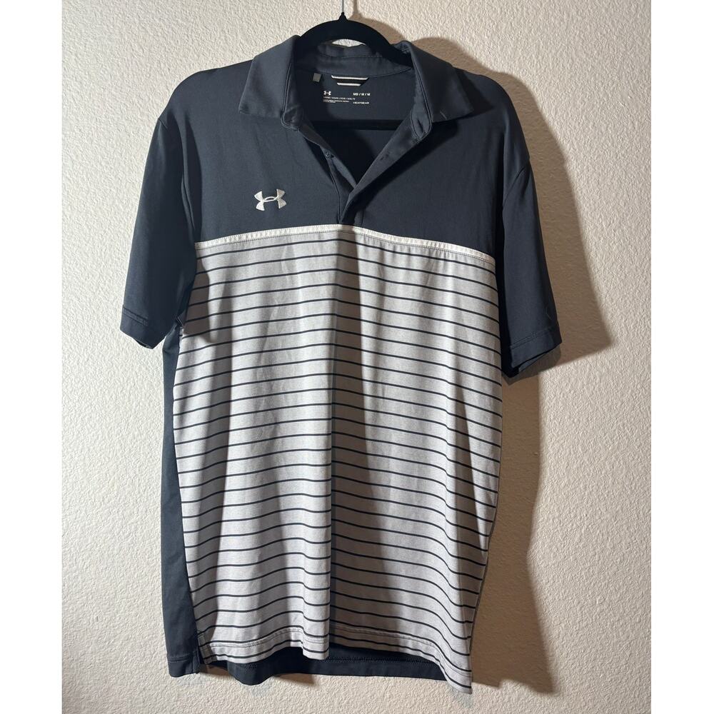 Under Armour Men's Size M Heatgear Navy Blue Striped Short Sleeve Polo Shirt